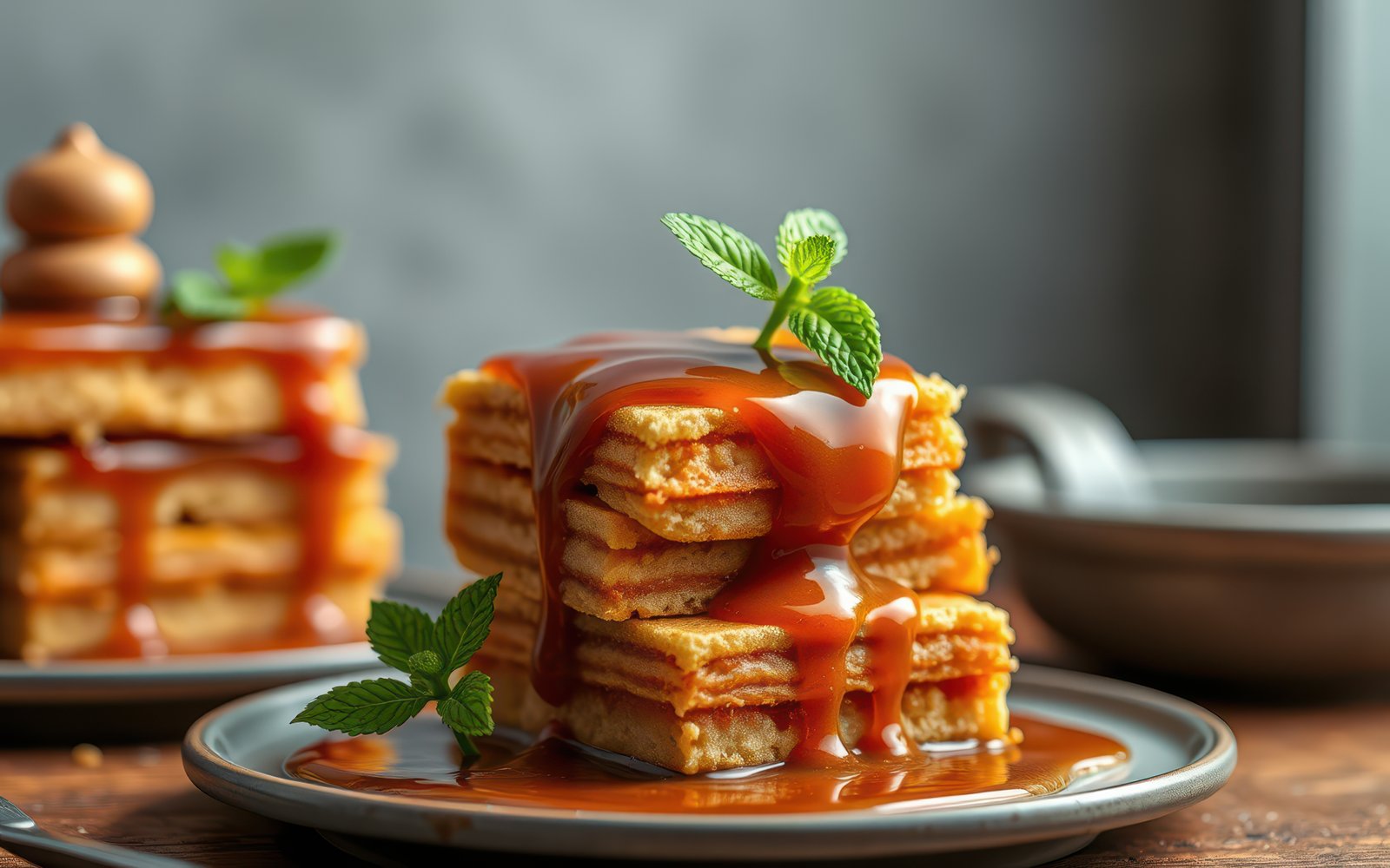 A stack of caramel-drizzled pastries topped with a fresh mint sprig sits on a gray plate